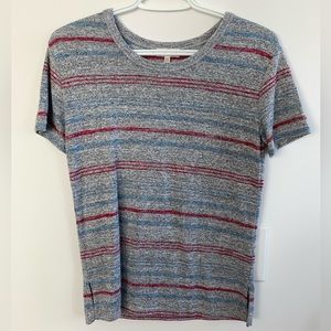 Wilfred Free Aritzia grey red blue striped knitted short sleeve shirt
